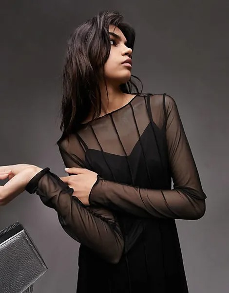 Черное сетчатое платье мини со швами и асимметричным подолом Topshop