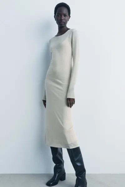 Длинное блестящее трикотажное платье ZARA, цвет stone