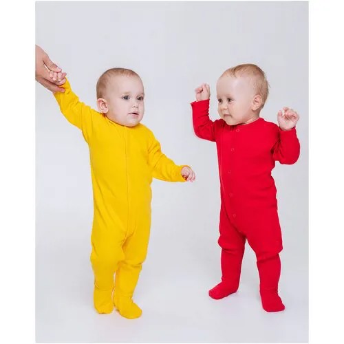 Детский комбинезон слип Diva Kids, набор 2 шт, 0 - 1,5 года, 56 - 86 см, желтый, красный, с длинным рукавом/ Комбинезоны для малышей