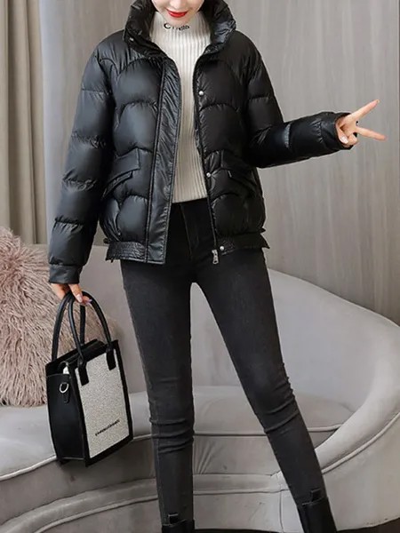 Milanoo Puffer Coats For Women Black Wind Proof Warmth Preservation Long Sleeves Short Winter Outerw