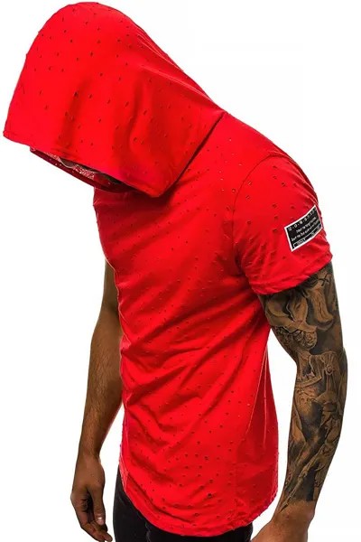 Красная футболка с капюшоном и рваной отделкой 3069 MADMEXT