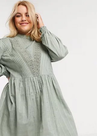 Свободное платье мини цвета хаки с высоким воротом и кружевными вставками ASOS DESIGN Curve-Зеленый цвет