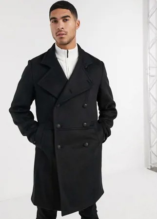 Черное двубортное пальто из смесовой шерсти с элементами в стиле милитари ASOS DESIGN-Черный