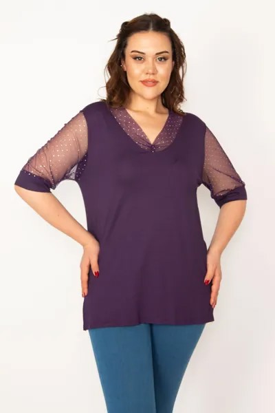 Женская сливовая блузка большого размера с тюлем и каменными деталями на рукавах и воротнике 65n33345 Şans, фиолетовый