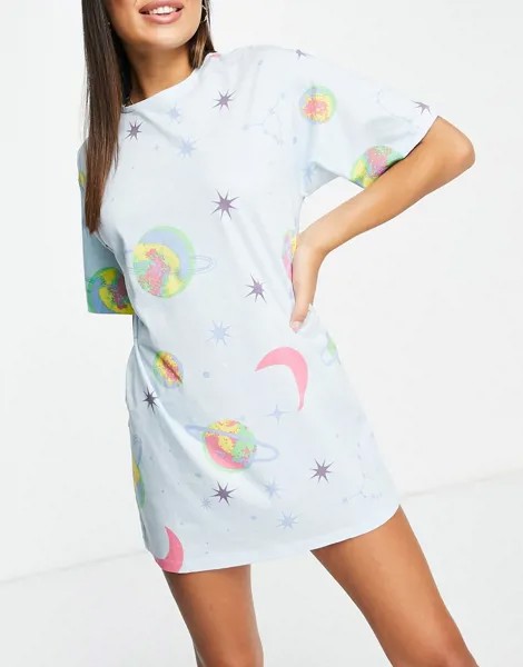 Голубая футболка для сна с принтом небесных тел ASOS DESIGN-Голубой