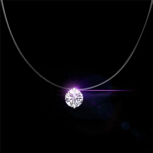 Серебро Ослепительное цирконовое ожерелье Невидимая прозрачная леска Простая подвеска Чокер Ключичная цепочка