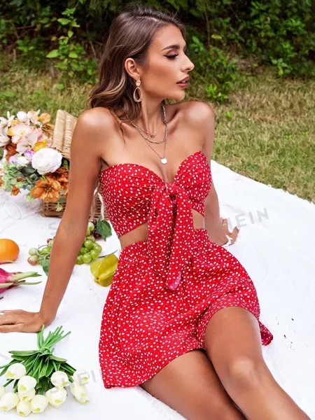 Топ-бандо и шорты Shein Vcay с цветочным принтом и завязкой спереди, красный