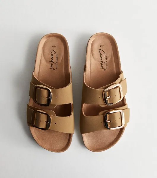 Шлепанцы из замши цвета Camel с пряжкой и ремешком New Look, песочный