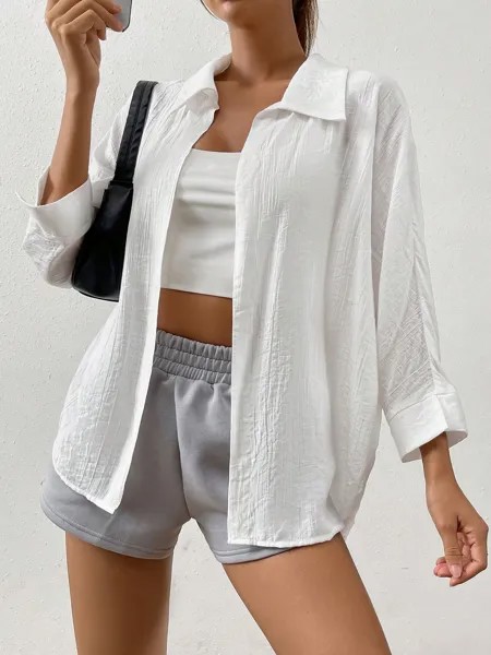 SHEIN EZwear весенняя рубашка, белый, однотонный, рукава «летучая мышь», белый цвет