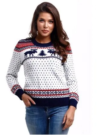 Женский свитер, классический скандинавский орнамент с Оленями и снежинками, натуральная шерсть, белый, красный, синий цвет, размер S