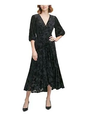 CALVIN KLEIN Женское черное бархатное платье с объемными рукавами и расклешенным платьем 2
