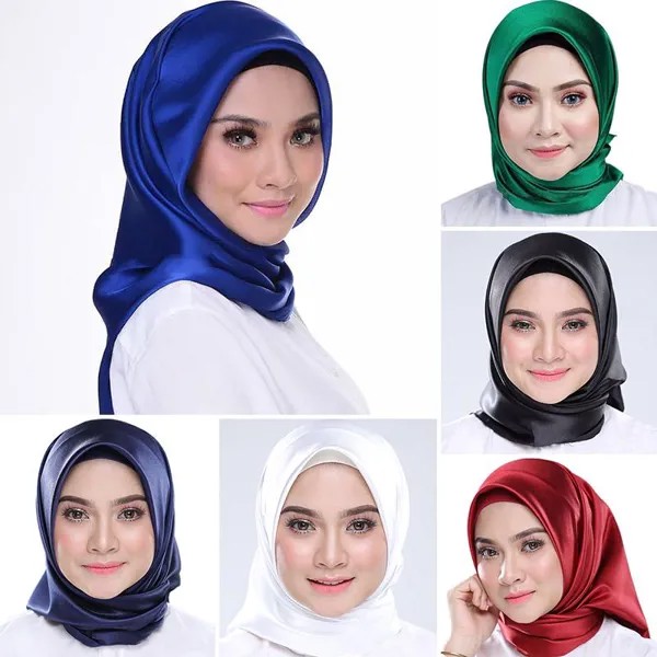 Женщины Шаль Шарф Атлас Шелк Мусульманский Хиджаб Голова Сплошной Цвет Обертывание Платки 90 * 90 см