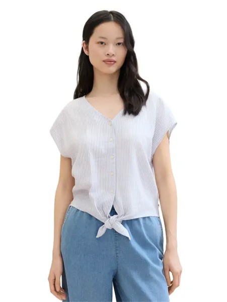 Джинсовая блузка TOM TAILOR с короткими рукавами и узлом Tom Tailor Denim, цвет Light Blue White Small Stripe