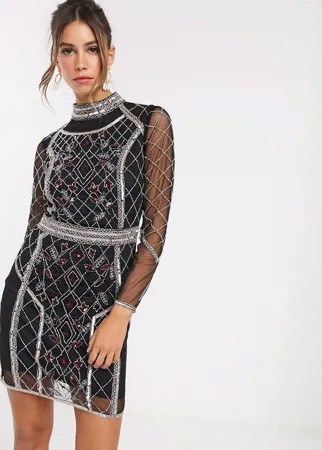 Платье с длинными рукавами и отделкой бисером Frock & Frill-Черный