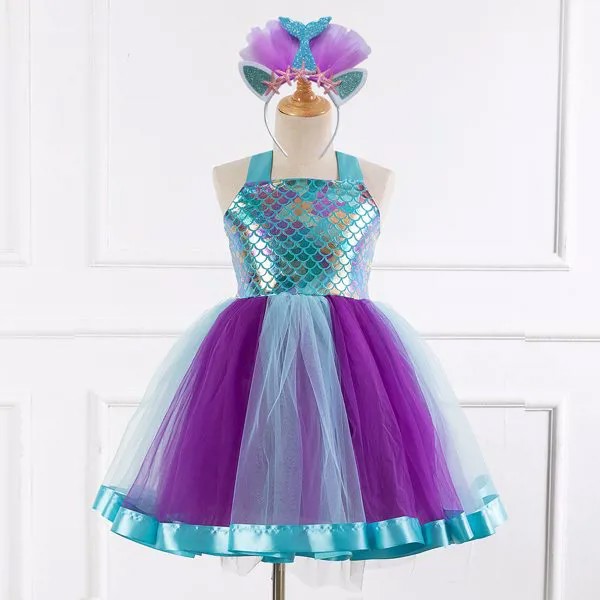 Для девочек Вечернее платье с узором рыбьей чешуи контрастный с сетчатой отделкой и повязка на голову