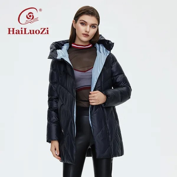 HaiLuoZi Новинка 2022, женское короткое пальто с высоким воротником, зимняя куртка с капюшоном, модная женская парка с Диагональной молнией, Классическая верхняя одежда 6036