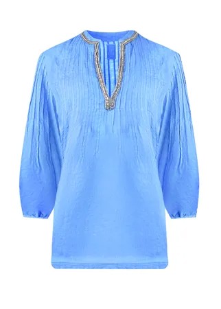 Голубая льняная блуза с V-образным вырезом 120% Lino