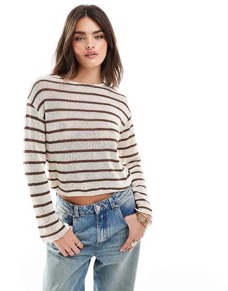 Pull&Bear – коричневый вязаный свитер нежной полосатой ткани