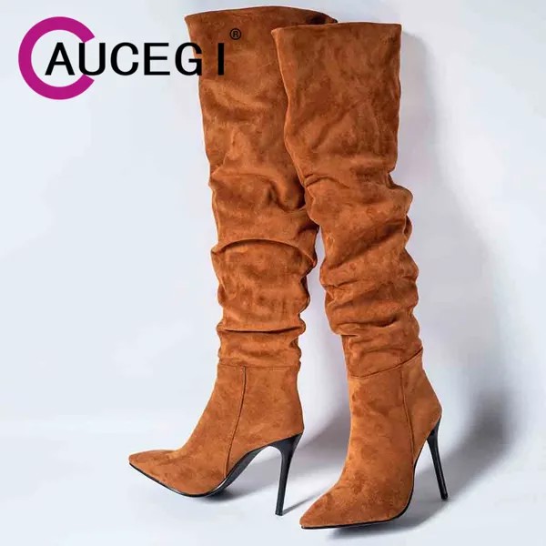 Aucegi классические стильные женские плиссированные высокие сапоги до бедра новый дизайн с острым носком из искусственного меха модные туфли ...