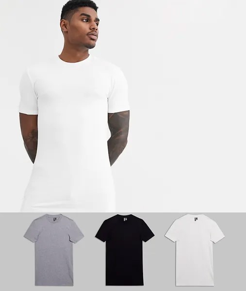 Комплект из 3 удлиненных облегающих футболок из материала с добавлением органического хлопка с круглым вырезом ASOS DESIGN - скидка-Многоцветный