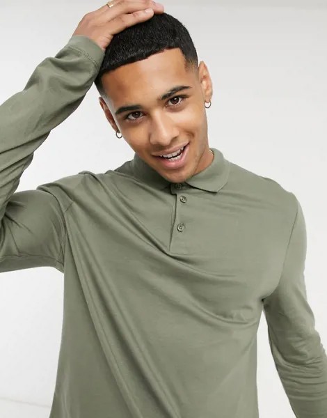Поло цвета хаки из органического хлопка с длинными рукавами ASOS DESIGN-Зеленый цвет