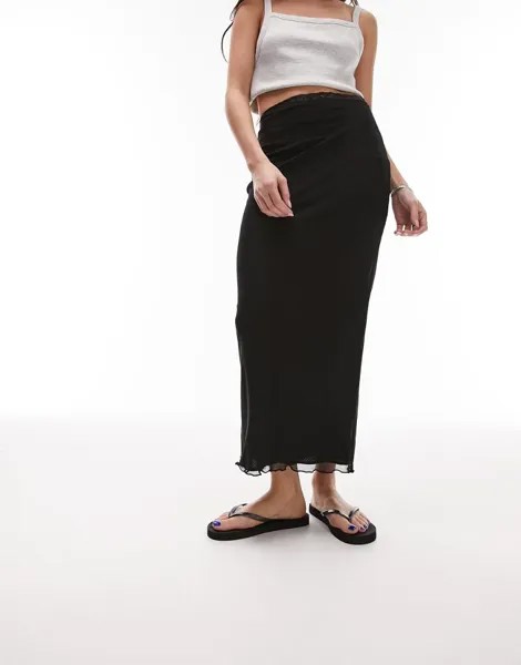 Черная юбка миди с сетчатой ​​кружевной отделкой Topshop
