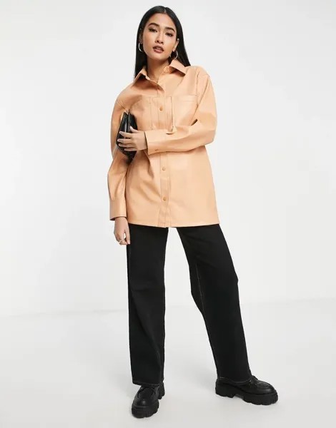 Рубашка из искусственной кожи Topshop персикового цвета с передними карманами