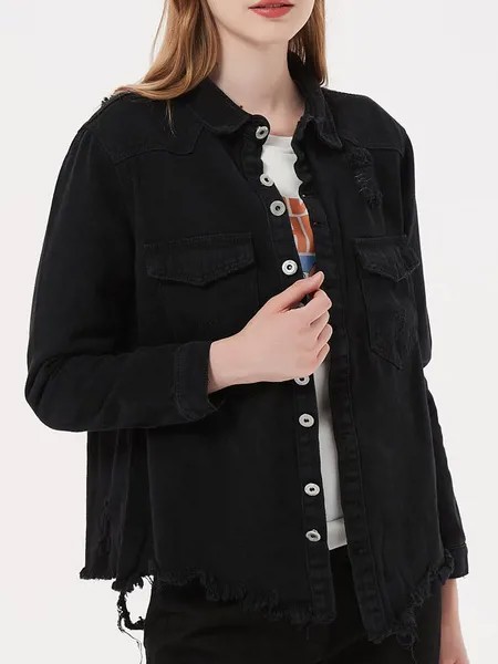 Milanoo Women Black Jacket Stand Collar Long Sleeves Buttons Polyester Overcoat