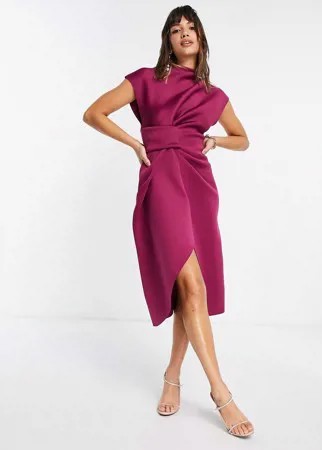 Малиновое платье-футляр миди с высоким воротом и складками ASOS DESIGN-Розовый цвет