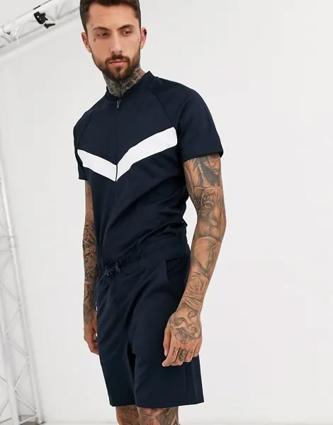 Темно-синий короткий комбинезон из политрикотажа с шевронной вставкой ASOS DESIGN