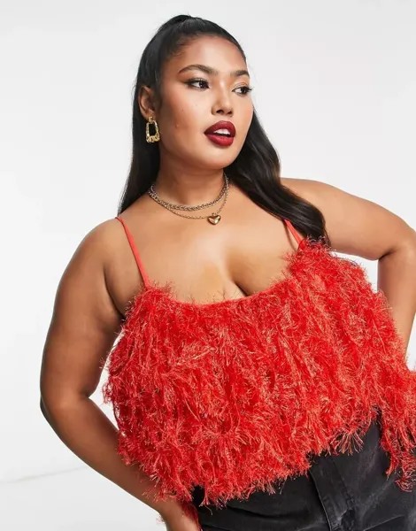 Ярко-красное боди с глубоким вырезом на спине из искусственного пера ASOS Curve