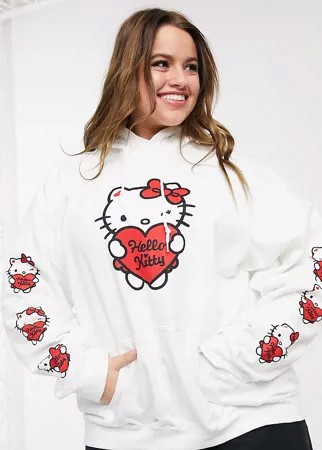 Худи в стиле oversized с принтом на груди и рукавах New Girl Order Curve x Hello Kitty-Белый