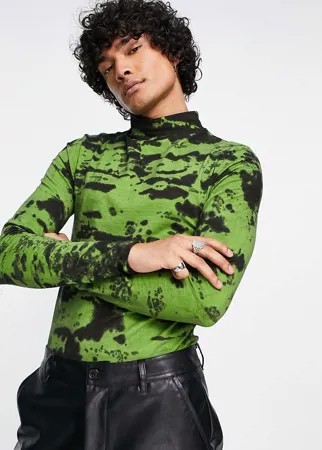 Зеленый обтягивающий лонгслив с принтом тай-дай и высоким воротом ASOS DESIGN-Фиолетовый цвет