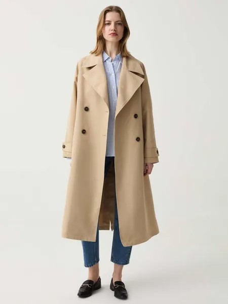 Длинный двубортный тренч с поясом Ovs, цвет beige