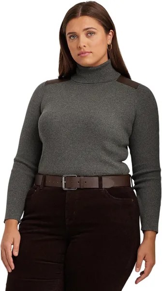 Свитер Plus Size Faux Leather Trim Ribbed Turtleneck LAUREN Ralph Lauren, цвет Modern Grey Heather