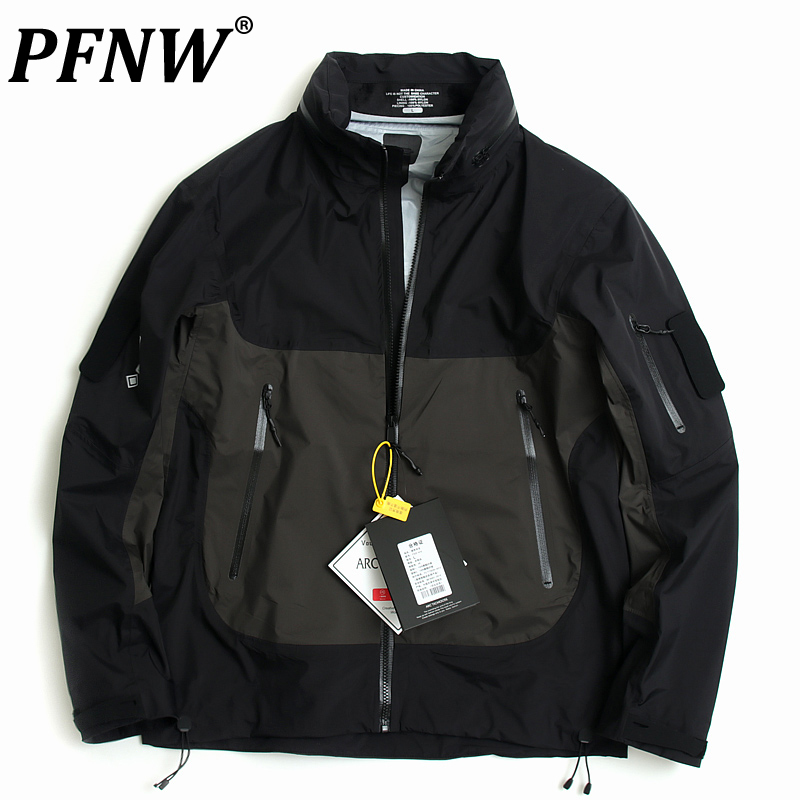 PFNW Spring Autumn Men's Tide Contrast Waterproof Design Jackets Casual Darkweawr Streetwear Zippers Stand Collar Coat 12A7479