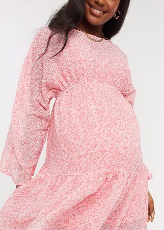 Платье мини с оборками на рукавах и цветочным принтом Influence Maternity-Розовый цвет