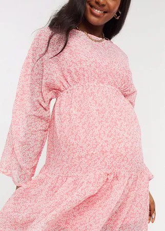 Платье мини с оборками на рукавах и цветочным принтом Influence Maternity-Розовый цвет