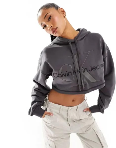 Укороченное худи черного цвета с монограммой Calvin Klein Hero