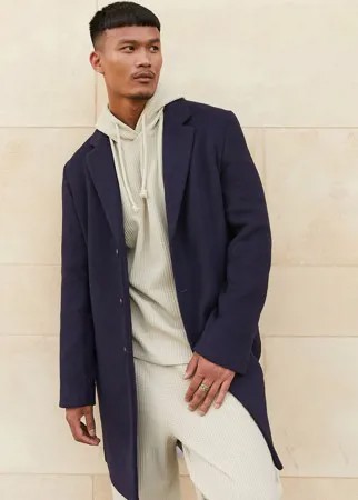 Темно-синее пальто из ткани с добавлением шерсти без подкладки ASOS DESIGN-Темно-синий