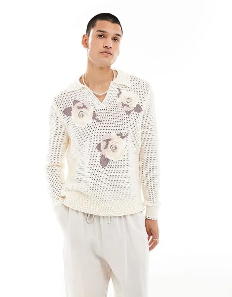 Бежевая рубашка-поло с круглым вырезом и цветочной вышивкой ASOS DESIGN