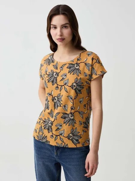 Футболка из хлопка и льна с цветочным принтом Ovs, цвет black/yellow