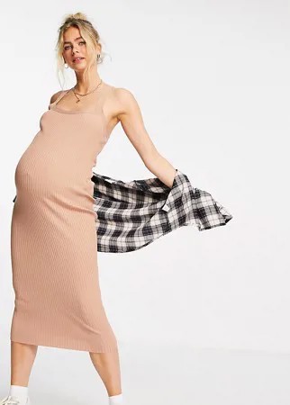 Бежевое трикотажное платье миди в рубчик с квадратным вырезом ASOS DESIGN Maternity-Нейтральный