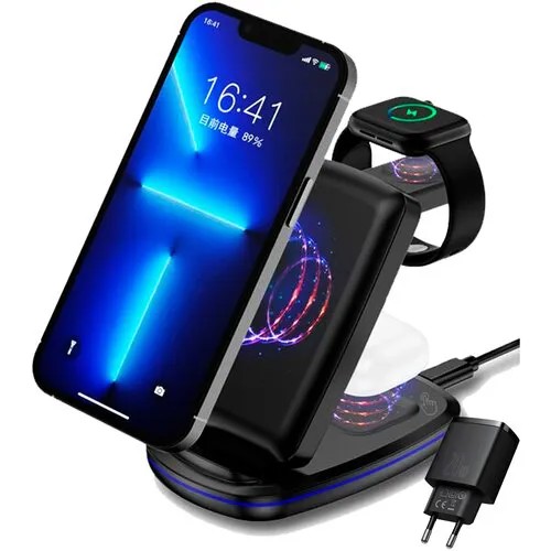 Беспроводная док станция 3 в 1 для смартфонов с функцией быстрой зарядки Qi в комплекте мощный блок питания 20W MagSafe (черный)