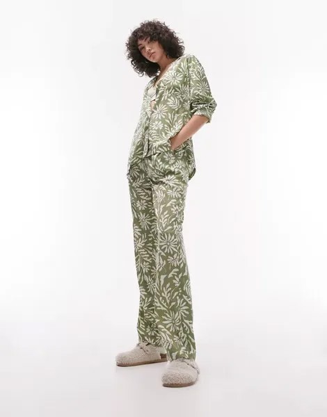 Зеленая пижама-рубашка и брюки Topshop с цветочным узором в стиле колор-блок