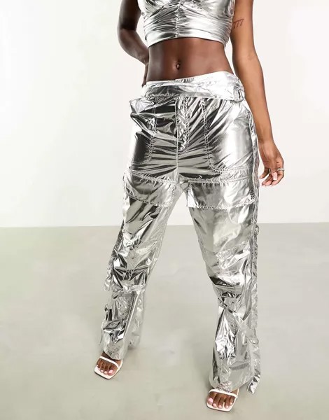 Блестящие боевые брюки Amy Lynn Y2K цвета серебристый металлик