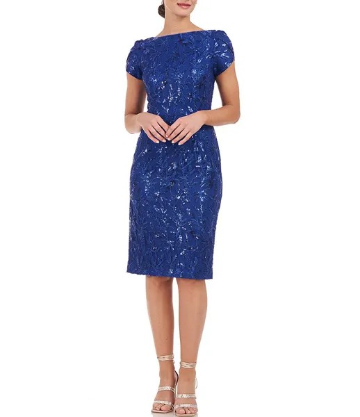 JS Collections Сетчатое платье-футляр с короткими рукавами-лепестками и цветочной вышивкой пайетками, синий