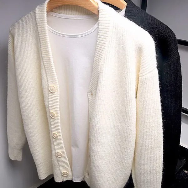 Корейский осенне-зимний белый кардиган, мужской Однотонный свитер на пуговицах, трендовый Свободный Повседневный вязаный свитер с длинным ...