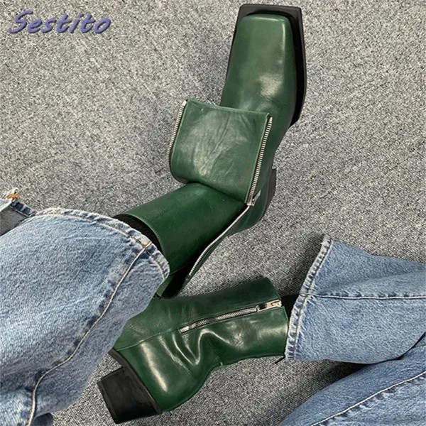 Ботильоны челси с квадратным носком и боковой молнией, модные женские ботинки на массивном каблуке в стиле ретро, зеленые однотонные матовые кожаные ботинки INS, осень 2022