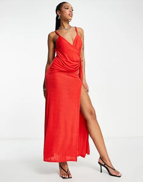 Красное платье макси с вырезом и драпировкой ASOS DESIGN